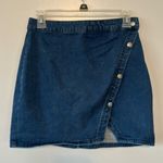 Free People Women's Blue Notched Front Wrap Button Denim Mini Skirt Sz 6 Photo 3