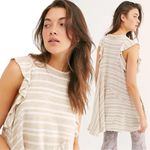 Free People Coastal Preppy Linen Tee Dress Tunic Neutral Tan Stripe Large NWT Photo 3