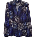 East 5th  Blue Black Sheer Floral Long Sleeve Button Front Blouse Size M‎ Photo 1