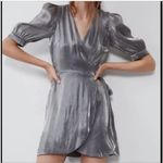 ZARA NWOT  Metallic Silver Laminated Pewter Wrap Mini Dress Sz XS Photo 3