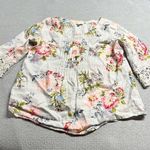 J.Jill Love Linen Cream Pink Red Floral Print 100% Linen Lace Crochet Blouse SP Photo 0