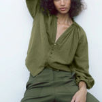 ZARA Olive Embroidered Button-Up Blouse Size XS Photo 0