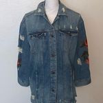 EXPRESS Jeans Blue Distressed Floral Embroidered Denim Button Down Jean Jacket Photo 0