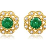 14K Gold Plated Diamond Green Gemstone Emerald Stud Earrings for Women Photo 2