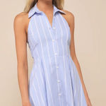 Lulus  Posh Beauty Light Blue Striped Collared Halter Mini Skater Dress Photo 0