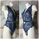 Victoria's Secret Victoria’s Secret Navy Floral Lace Velvet Trim Plunge Teddy Bodysuit Size Large Photo 3