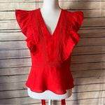 Lulumari  Women’s RED V Neck Eyelet Ruffle Edge Sleeve Blouse Size Medium Photo 0