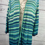 Catherines  Open Front Cardigan Sweater Womens 2X Long Sleeve Blue Green Stripes Photo 0