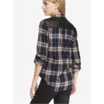 EXPRESS  Boyfriend Sequin Blue Plaid Button Down Flannel Size Small Photo 2