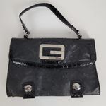 Guess Womens Shoulder Bag Black Ostrich Embossed Faux Leather Accordion Clutch Photo 84