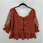 Solitaire  Top Women Large Orange Embroidered Button Back Boho Swiss Dot Ruffle Photo 1