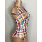 New. Plunge neck plaid swimsuit. Size 12. Regularly $89 Pink Photo 3