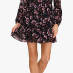 CeCe  Black Floral Long Sleeve V Neck A Lone Mini Dress Size 1 X NWT Photo 0