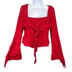 Red Lace Tie Front Top Bell Sleeves Square Neck Women's Size Large Photo 0