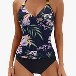 B2prity Halter Tankini Swimsuit for Women Tummy Control Floral Black Purple L Size L Photo 0