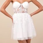 Lulus NWT Marvelously Lovely White Tulle 3D Embroidered Strapless Mini Dress Photo 0