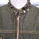 Ruby Rd Petite Womens Beaded Denim Jacket 10P Green Zip Embellished Boho Western Photo 2