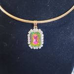 Gold Choker Necklace with Rainbow AB Square Pendant New Photo 1