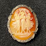 Vintage Tested 800 SILVER 3 Muses Dancing SHELL CAMEO Pendant Brooch 1.5” Photo 0