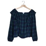J.Crew Women's M Flannel Squareneck Ruffle Top in Green Navy Black Plaid Photo 2