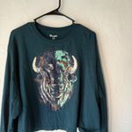 Wrangler  Women's Teal Long Sleeve Cropped T Shirt Bison XL Buffalo Western Aztec Photo 1