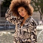 Tribal Long Sleeve Leaf Print roll sleeve cotton linen blouse S NWT black Photo 1