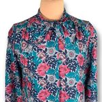 Vintage 80s Blouse Dark Floral Detail Bow High Tie Neck Blue Satin Long Sleeve Size 12 Photo 0