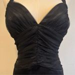 Onyx Nite Vintage Black Glitter Ruched Tulle Bust V Neck Long Formal Prom Dress Photo 2