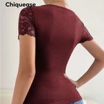 SheIn Maroon Lace Panel Rib Knit V-neck Short Sleeve Stretchy T-shirt Top Sz M Photo 1