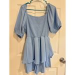 Available Smocked Mini Dress Puff Sleeve Tiered Ruffle Hem Blue Size L Size L Photo 4