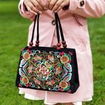 Women's Stylish Floral Embroidered Tote Handbag, Trendy Zipper Canvas Bag Photo 5