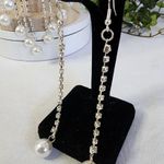 Statement Silver Bib Tassel Necklace with Rhinestones and Pearls Earrings Set Photo 6