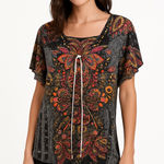 One World  Blouse Women's Size 2X Pleated Bedazzled Artsy‎ Paisley Photo 0