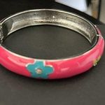 New Pink Enamel Bracelet w Blue, Green, Orange & Yellow flowers w Center Crystal Photo 0