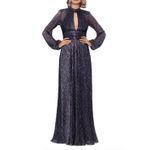 Betsy and Adam Dress Womens 6 Blue Metallic Threaded Front Cutout Gown Formal Photo 2