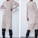 ZARA  champagne gold pleated long sleeve tiered midi dress. Photo 5