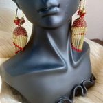 Pakistani Indian Festive jhumka Earrings Tassel Gold with Red beads Photo 1