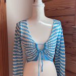 SheIn BZB Womens Crochet Crop Tops Tie Front Long Bell Sleeve V Neck Striped Knit Top Photo 1