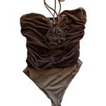 Entro Women’s Velvet Ruched V-Neck Halter Neck Bodysuit Brown Flower Size Medium Photo 3