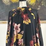 DR2 Womens Size Large Black Floral Print High Neck Swing Blouse Sheer Sleeves Photo 1