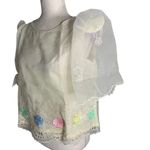 Vintage Sheer Embroidered Blouse Medium Cream Puff Sleeves Colorful Floral Photo 3