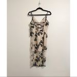 Lulus *NWT* Corinne Beige and Navy Blue Floral Embroidered Lace-Up Dress Photo 4