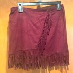 POL  | Asymmetrical Fringed Faux Suede Mini Skirt Wrap Burgundy Boho Coac… Photo 0