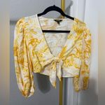 EXPRESS yellow floral linen blend tie front long sleeve crop top Photo 2