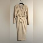 Alexis Fraser Cream Long Sleeve midi ruched elegant Dress v neck draped Photo 8