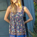 Natural Life  Tricia Mini Dress -‎ Blue Yellow Roses NEW L Photo 0