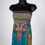 Smocked‎ Boho Maxi Strapless Bohemian Dress Empire Waist Teal Blue Photo 3
