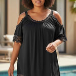 Swimsuit for All Black Crochet Off The Shoulder Cover Up Dress Plus Size 22/24 Photo 0