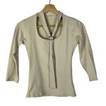 Vintage Beige Buckle Tie Neck 3/4 Long Sleeve Fitted Top S Tan Photo 0