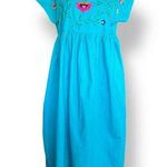 Vintage 90s Embroidered Turquoise Blue Pink Floral Folk Art Cotton Midi Dress Photo 0